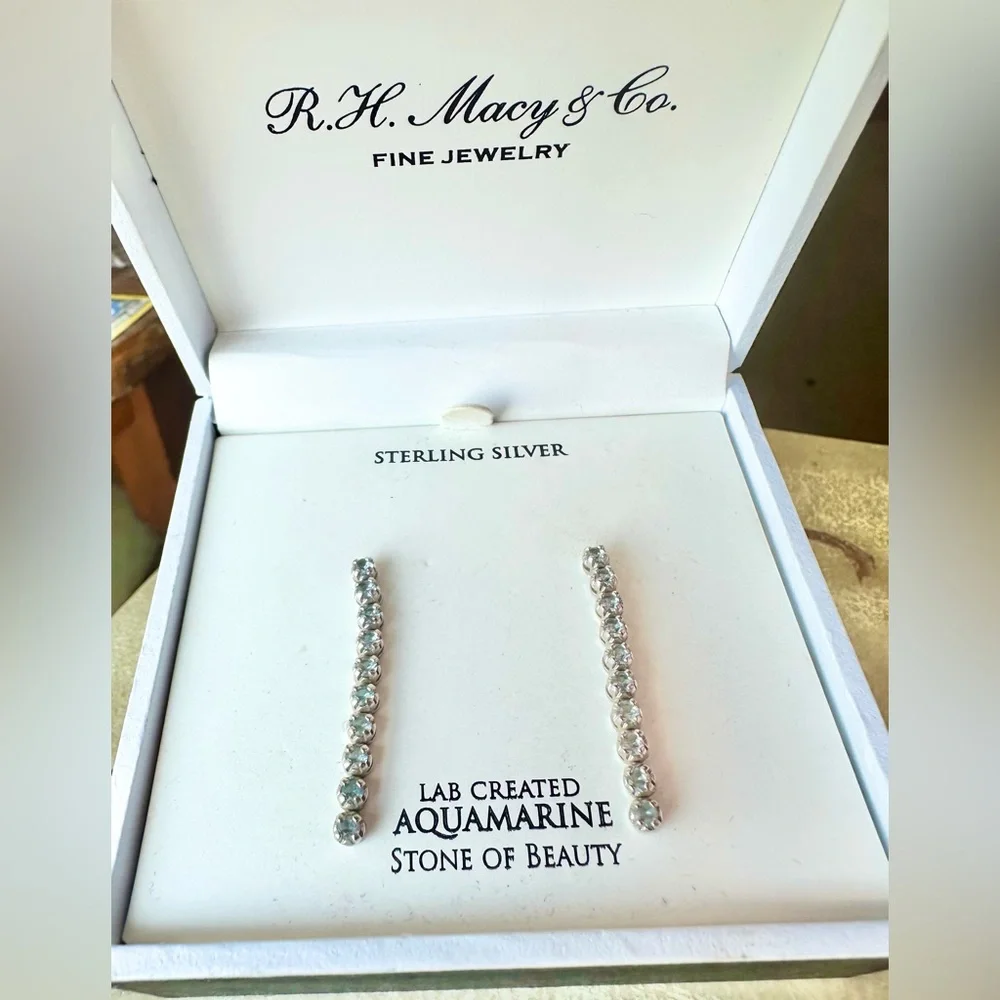 Macy's Sterling Silver lab created Aquamarine Drop Earrings